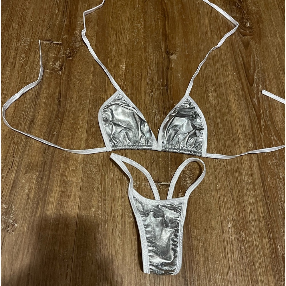 Brand New Silver Metallic Thong Bikini